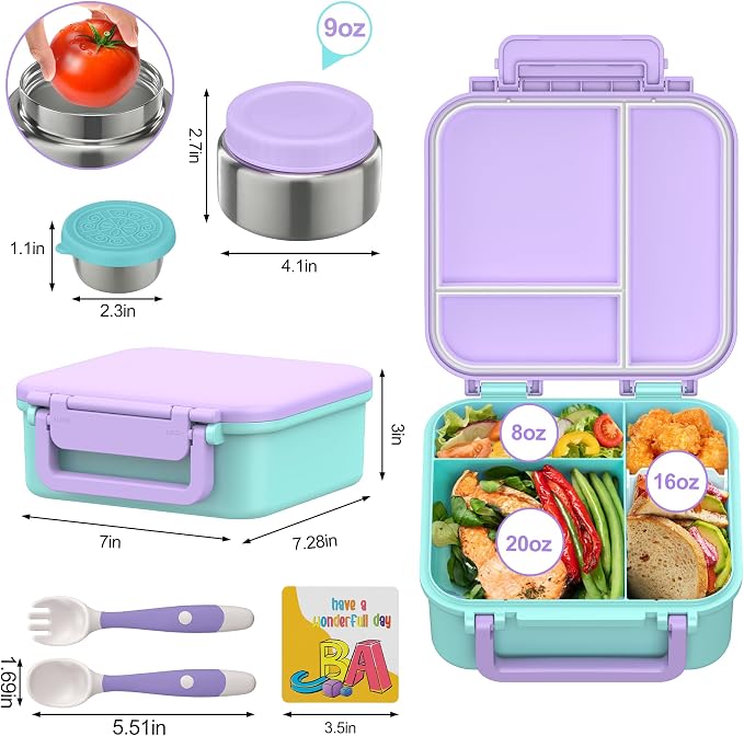 Kids Bento Lunch Box with 9oz Soup Thermo Leakproof Lunch Food Containers 4 Compartment with Insulated Hot Food Jar for Kid Toddler Girls Boys to School, Trvael