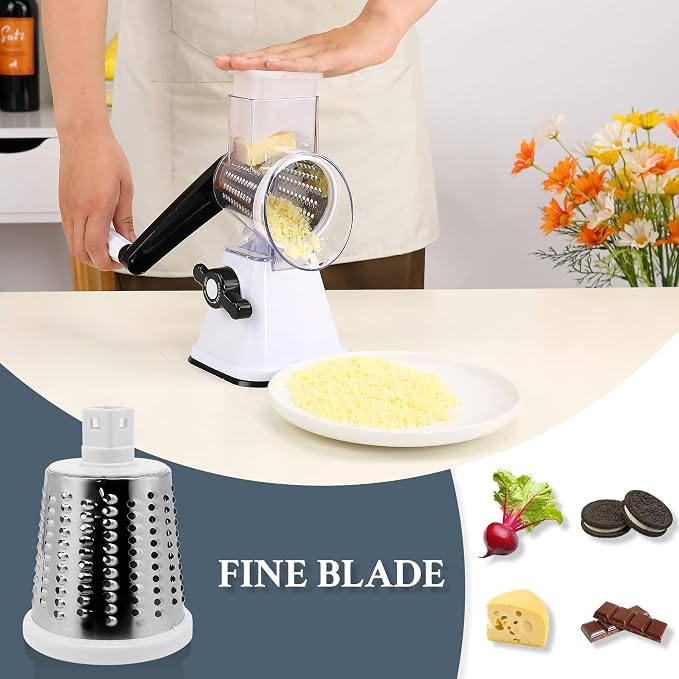 Cheese Graters with Handle, Manual Cheese Shredder Rotary Grater with 3 Replaceable Drum Blades for Vegetables, Fruit, Food, Nuts