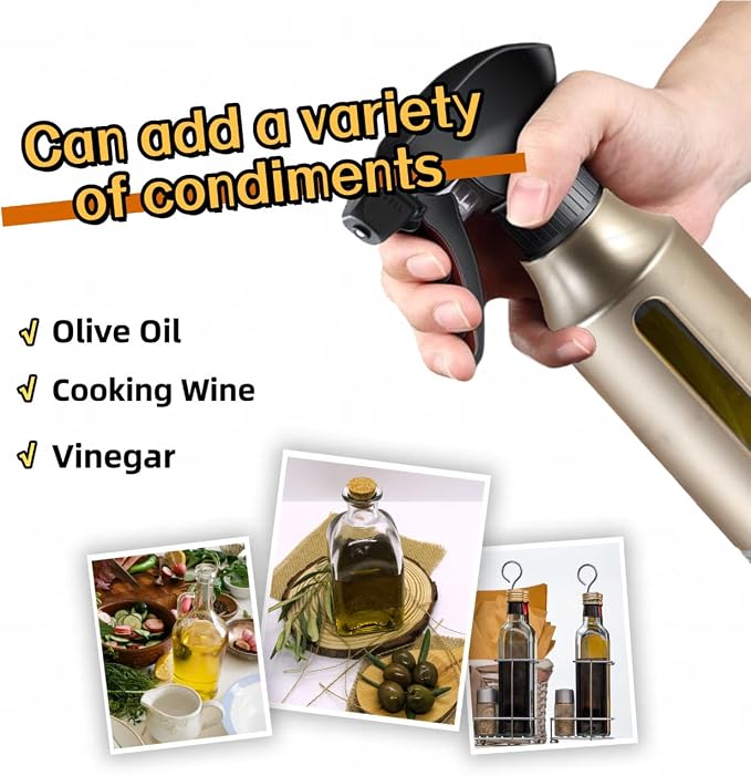 Oil Sprayer for Cooking, Olive Oil Sprayer, 180ml Oil Spray Bottle for BBQ, Roasting, Salad, Kitchen Gadgets Accessories for Air Fryer. Thick Glass, Fan mist, Strong Spray Force. (Classic, Gold)