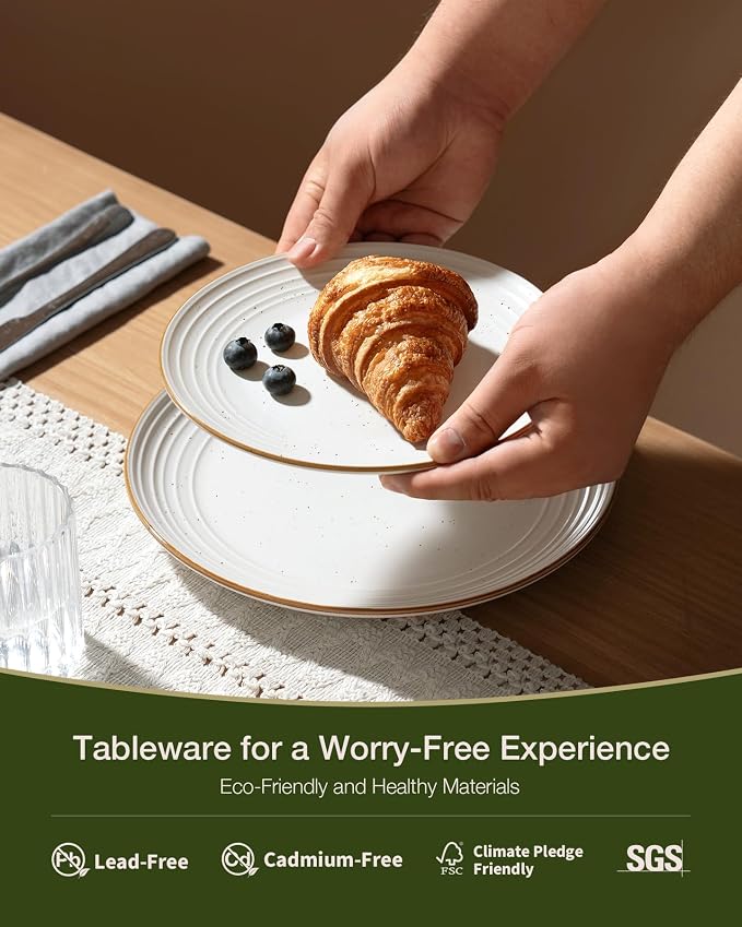 Famiware Jupiter Stoneware Dinnerware Sets with Pasta Bowls, Dishes for 4 | 16 pcs Speckled Plates and Double Bowls with Rim, Chip & Scratch Resistant, Microwave & Dishwasher Safe, Modern Neutral White