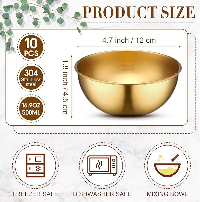 Nuogo 10 Pcs 4.7 Inch Gold Bowls Stainless Steel Esthetician Facial Bowls | Multi-use for Spa Facials Baking Serving, Christmas Wedding Decor, Professional Mixing Prep, Salad Fruit Candy Display Bowls