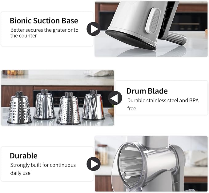 Weltonhm 4 in 1 Large Rotary Cheese Grater Hand Crank (Grey, 4 Graters) | Cheese Shredder Rotary and Slicer with 4 Stainless Steel Blades for Vegetables, Veggie and Cheese, Stronger Suction Base