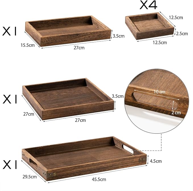 Rustic Wooden Serving Trays with Handle - Set of 7 Rectangular Platters for Entertaining, Breakfast, Coffee Table, Home Decor | 4 Sizes Tray-Snacks to Entrees,Decorative Serving Platter for Breakfast Bed,Lunch,Ottoman,Coffee Table,BBQ-Great for Lap&Sofa