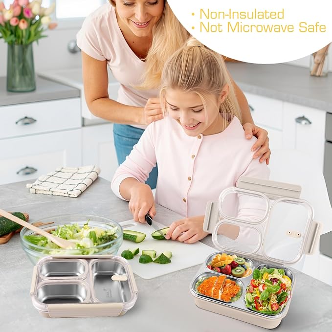 Stainless Steel Lunch Box, 3 Compartments Metal Bento Box for Kids, 25oz Lunch Container with Leakproof Lid, Divided Meal Prep Box for Adults, Kids - Ideal for Office, School, Healthy Eating