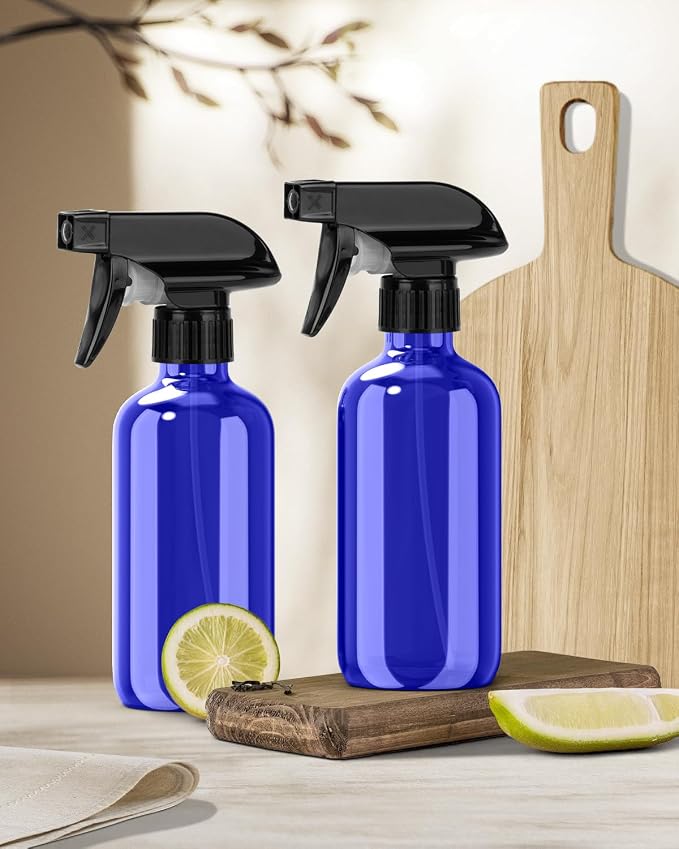 Bontip Glass Spray Bottle 8 oz for Cleaning, Plants (2 Pack, Blue) | Refillable spray bottle Set, BPA-free eco glass, With labels and funnel, Great for cleaners, plant misting, hair care