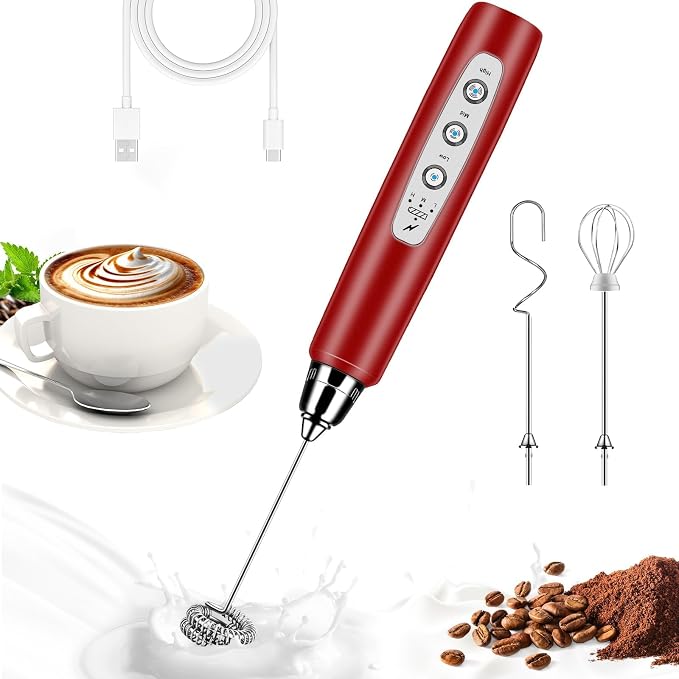 Milk Frother Wand Rechargeable Handheld Whisk Coffee 3 Speed Adjustable | Electric Whisk Drink Mixer with Stainless 3 Whisks Hand Frother , Foam Maker for Latte Cappuccino Matcha Egg Silver