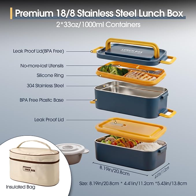 Kabbas 18/8 Stainless Steel Bento Box for Kids & Women – 66 Oz Leakproof Lunch Containers for Adults, 2Layers Stackable Metal Lunch Box with Cutlery & Insulated Bag – Ideal for Work, School, Picnic