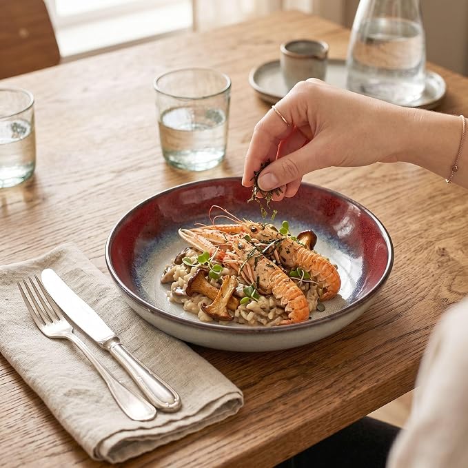 Ceramic Dinnerware (16 pcs) Serve 4 people, Plates and Bowls Sets,Handmade Reactive Glaze Dishes Set, Chip Resistant and Scratch Resistant, for Oven & Dishwasher & Microwave Safe