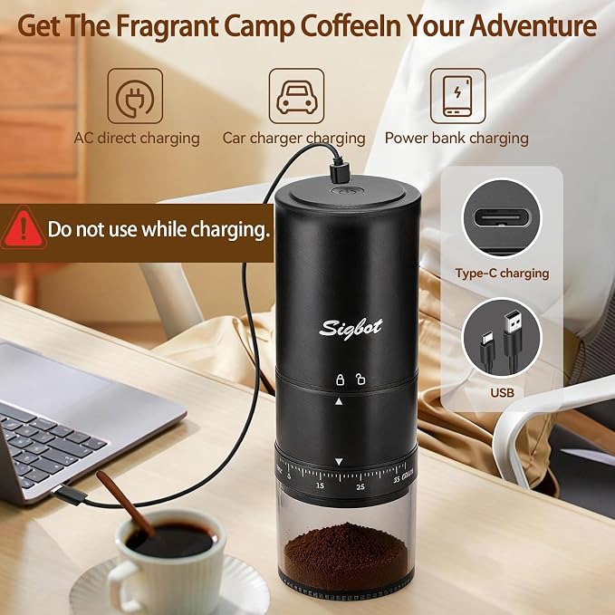 Sigbot Electric Coffee Bean Grinder, Cordless Burr Grinder for Travel | USB-C Rechargeable, Portable, 38 Grind Settings, 420 Stainless Steel Conical Burr, Single Dose for Home Use, Office, Camping