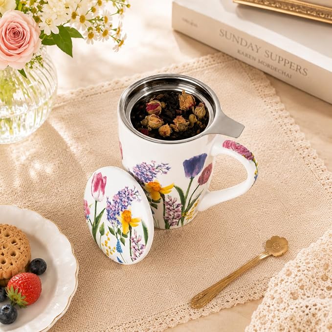 GBhome Tea Mug with Infuser and Lid,18 Ounce Ceramic Loose Leaf Cup Steeper | Lead-Free Glaze For Tea Lovers,Microwave & Dishwasher Safe with Tea Strainer