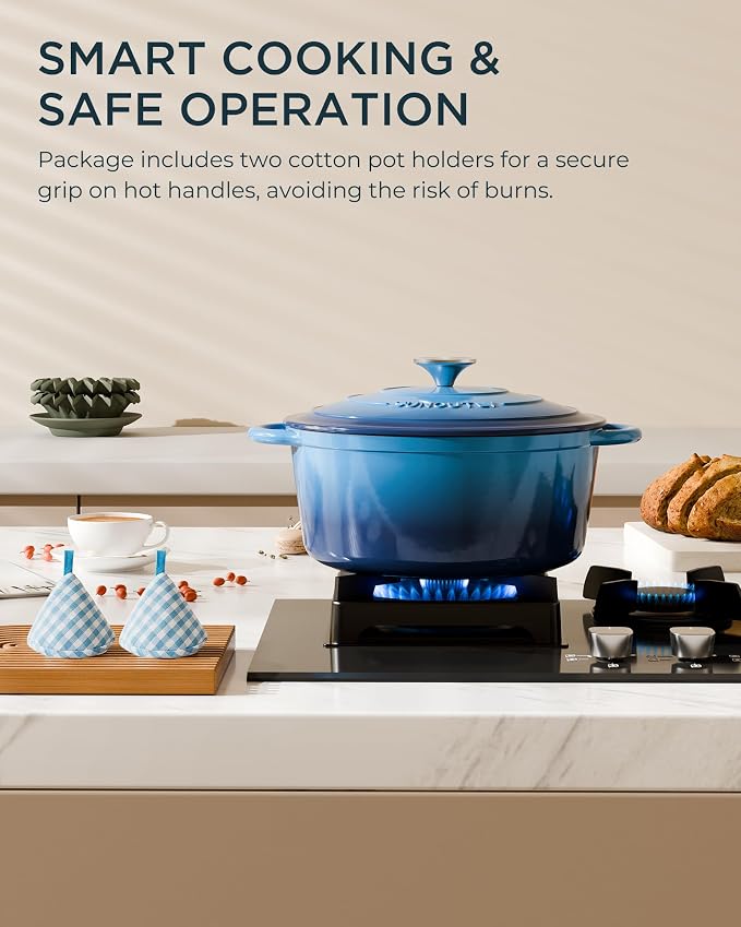Enameled Cast Iron Dutch Oven - 7.5QT Dutch Oven Pot with Lid & Cotton Potholders - Heavy-Duty Non Stick Casserole Pot for Braising, Stews, Roasting, Baking, Suitable for All Stovetops, Navy Blue