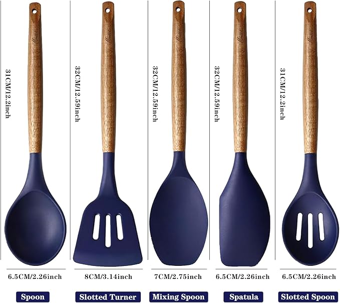 Non-Stick Silicone Kitchen Utensils Set with Natural Acacia Hard Wood Handle, 5 Piece, Midnight Blue, BPA Free, Baking & Serving Silicone Cooking Utensils