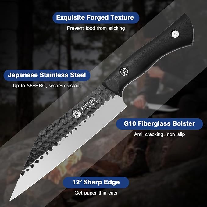 FINTISO Chef Knife 7 Inch, Boning Knife with G10 Handle, Sharp Viking Knife | Professional Butcher Knife with Ergonomic Full-Tang Handle, Japanese Kitchen Knife for Home, Camping & BBQ