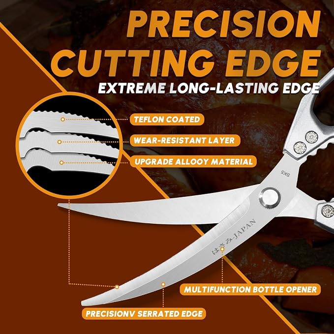 Huusk Kitchen Scissors for Food - Multifunction Kitchen Shears Heavy Duty | Japanese Stainless Steel Meat Scissors for Fish, Vegetables, Chicken Bones, Turkey, Comfortable Handles, Gifts for Women