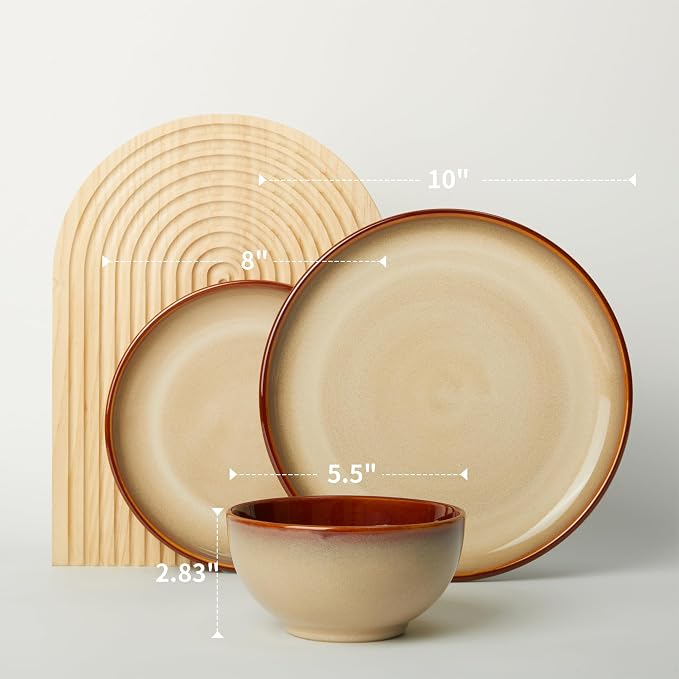 Stoneware Dinnerware Sets, Ceramic Plates and Bowls Set, Microwave & Dishwasher Safe Kitchen Dish Set, Modern Dinner Salad Plates | Cereal Bowls for 4, Dishware Sets Brown Yellow