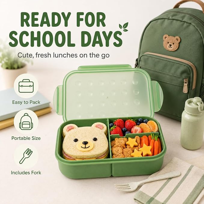 MISS BIG® Bento Lunch Box for Kids, 1150ml, 3 Compartments, Matcha Green | Matcha green kids bento lunch box for school meals, daycare snacks, light lunch, picnic, and travel.