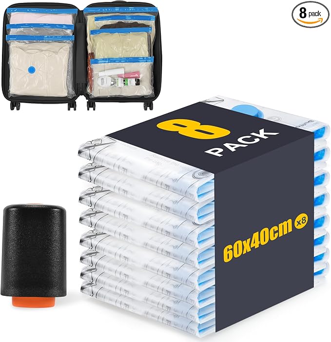BoxLegend 8 Pack Travel Vacuum Storage Bags with 1400mAh Rechargeable Electric Pump - 23.6"x15.7" Space Saver Compression Bags for Luggage, Suitcase & Closet Organization Airtight Seal for Clothing