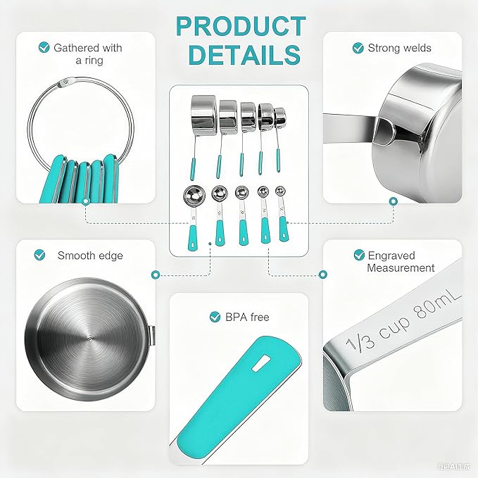 Bopei Measuring Cups and Spoons Set Stainless Steel 10 Piece for Cooking and Baking (5 Cups + 5 Spoons, Aqua Sky Handle)