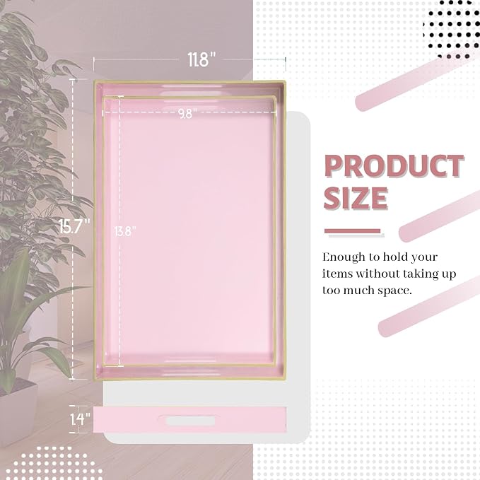 Pink Serving Tray with Handles, Plastic Decorative Tray Set of 2 | Pink Decorative Tray for Coffee Table, Modern Ottoman Tray, Rectangle Melamine Tray for Living Room, 15.8"L x 10.2"W x 1.4"H