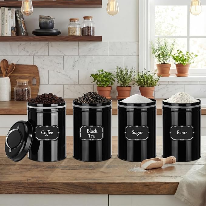 LemonRoad 10 Pack Metal Food Canisters 48 oz Airtight Handle Lid Black | Farmhouse Kitchen Jars for Coffee Tea Sugar Flour Cookies, Pantry Countertop Storage Containers, Airtight Seal