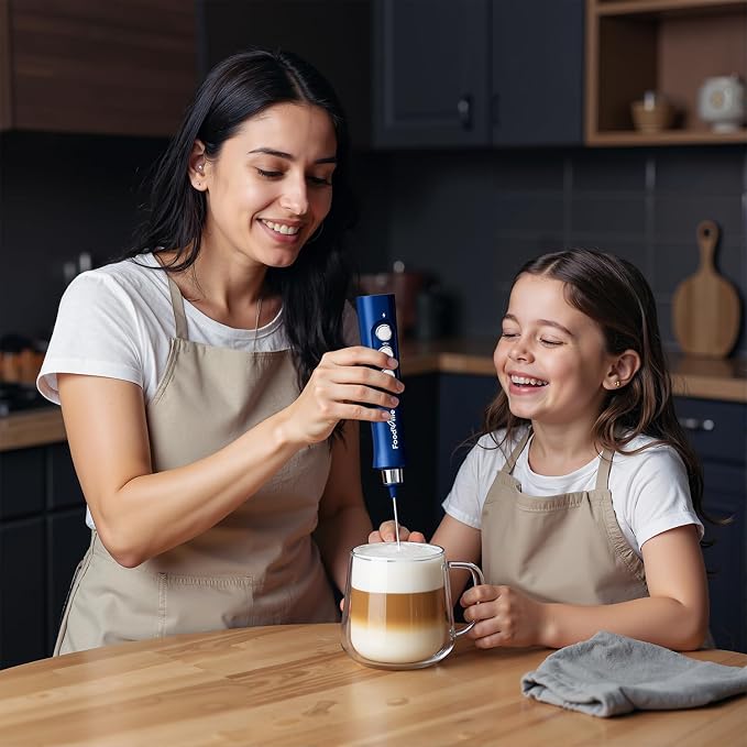 MF02 Rechargeable Milk Frother Handheld Foam Maker with Stainless Whisk for Cappuccino, Latte, Bulletproof Coffee, Keto Diet, Protein Powder, Matcha (Classic Blue)