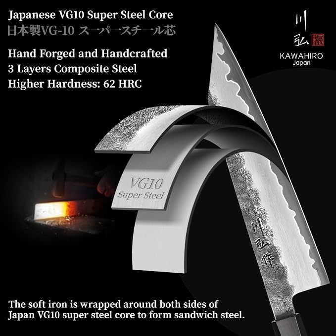 210mm Japanese Kiritsuke Chef Knife with Tri-Ply VG-10 Stainless Steel Blade, Ergonomic Handle Grip and Premium Wood Box, Cooking Gifts for Men Women
