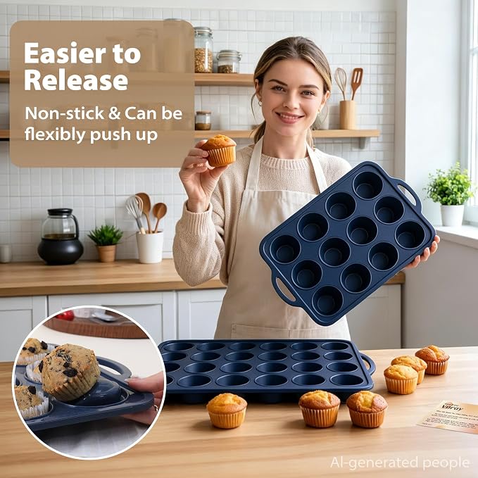 2 Pack Silicone Muffin Pan 12 & 24 with Frame Non Stick Cupcake Baking Tin | Silicone Mini Cupcake Pan with Handles, BPA Free Silicon Regular Muffin Tin Tray Small for Baking, Egg Bites Mold Vnray Grey