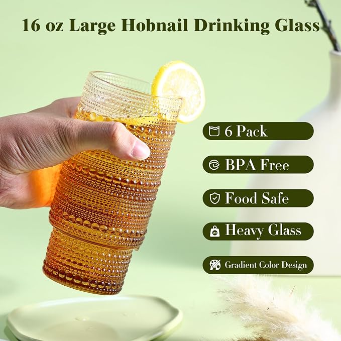 Large Capacity 16 oz Hobnail Drinking Glasses Set of 6, Vintage Glassware Drinking Glasses, Gradual Amber Water Glasses Tumbler, Thanksgiving Cups for Kitchen, Juice, Beer, Cocktail, Whiskey