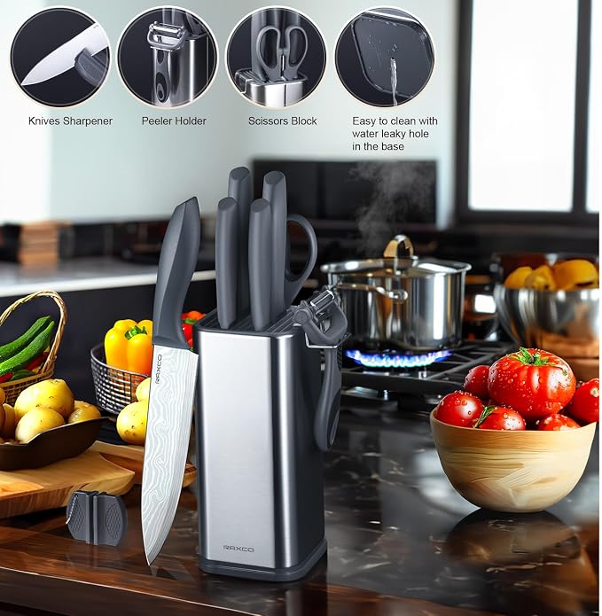 Kitchen Knife Set,10-Piece Stainless Steel Knife Set with Block,Gray | Pro-Sharpened Kitchen Knives,Space-saving Compact Organizer for Small Kitchen,RV,Apartment and Dorm