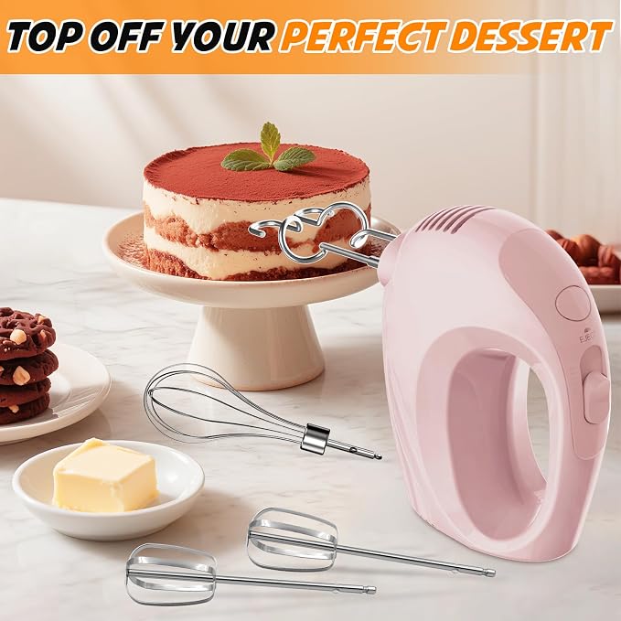 Handmixer Electric Handheld - 7 Speed Portable Kitchen Mixer Electric with 5 Stainless Steel Accessories Whisk, Food Beater for Whipping Mixing Cookies Cakes Home (CX6613-PK)
