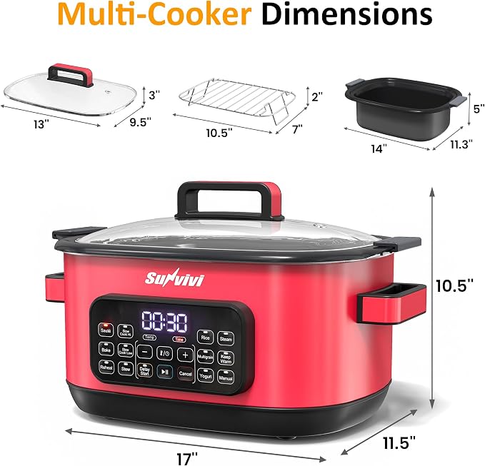 Sunvivi 12-in-1 Programmable Slow Cooker 6.5QT with Timer & Keep Warm | Multicooker with Timer & Temp Control, Dishwasher Safe Lid & Removable Nonstick Crock, Stainless Steel Rack, Red