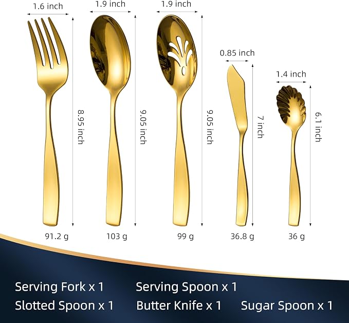5 Piece Gold Serving Utensils Set | Hostess Serving Set, Stainless Steel, Mirror Polished, for Indoors Kitchen Dishwasher Safe