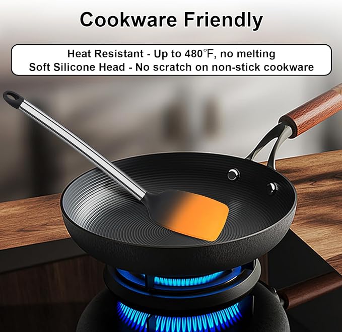 Vayvnt Silicone Cooking Utensil Set, 8-Piece, Heat Resistant to 480℉, Black | Kitchen Utensils with Stainless Steel Handle, Non Toxic, Non-scratch on Nonstick Cookware, Large Long Size, Dishwasher Safe