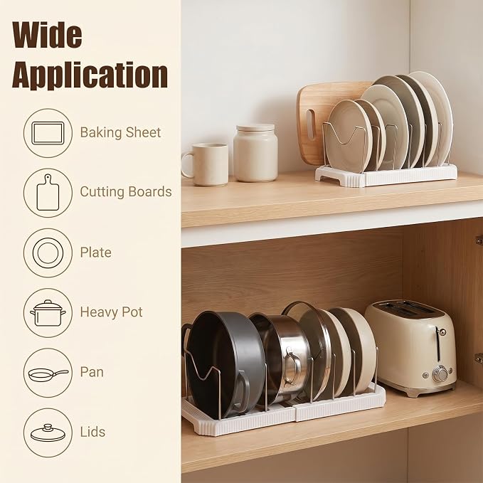2 Pack Expandable Pot and Pan Organizer Rack for Kitchen Cabinet | Adjustable Lid Holder with 7 Adjustable Dividers Pot and Pan Lid Holders Rack Space-Saving Storage for Renters Homes