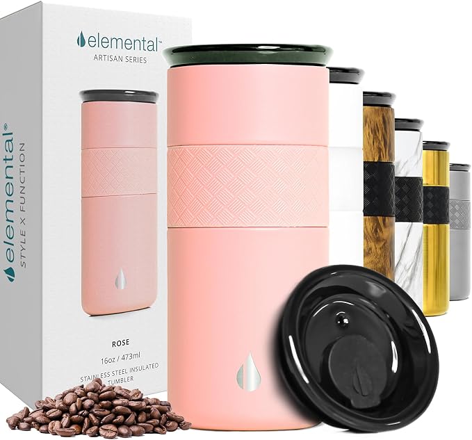 Elemental Artisan 16oz Triple-Wall Insulated Coffee Tumbler w/Ceramic Lid | Triple Wall Coffee Travel Mug, Reusable Stainless Steel Coffee Tumbler; Thermal Coffee Cups for Hot (6 Hrs) & Cold (18 Hrs)