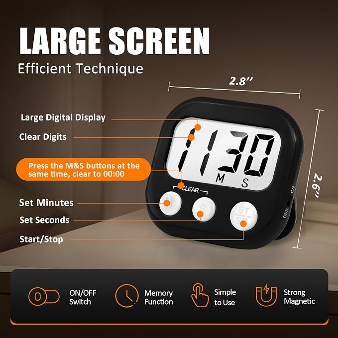 2 Pack Digital Kitchen Timer for Cooking Big Digits Loud Alarm Magnetic Backing Stand Cooking Timers for Baking Black