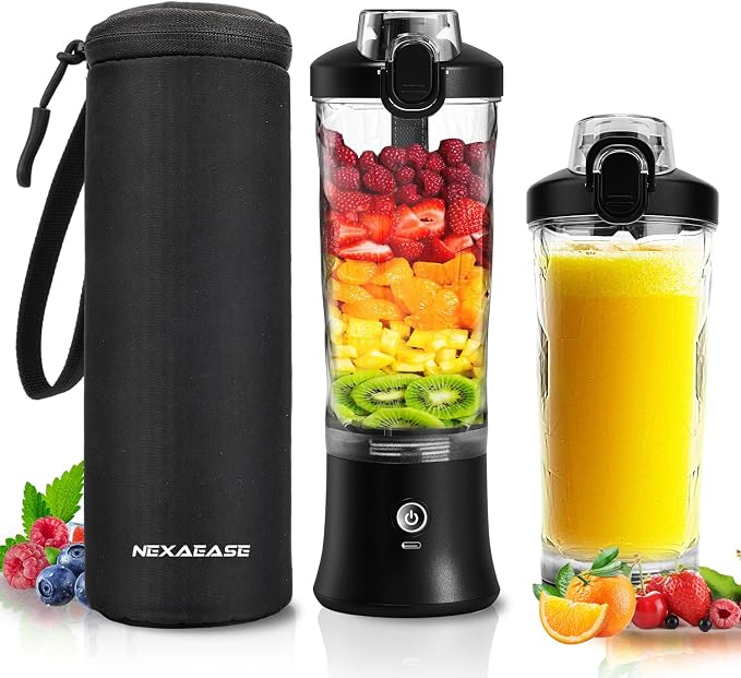 Portable Blender Personal Juicer for Shakes Smoothies with Insulated Sleeve | 20 Oz Electric Protein Shaker Bottle, Travel Lid, USB-C Rechargeable, Mini Small Cordless Blender Cup for Kitchen Travel Gym