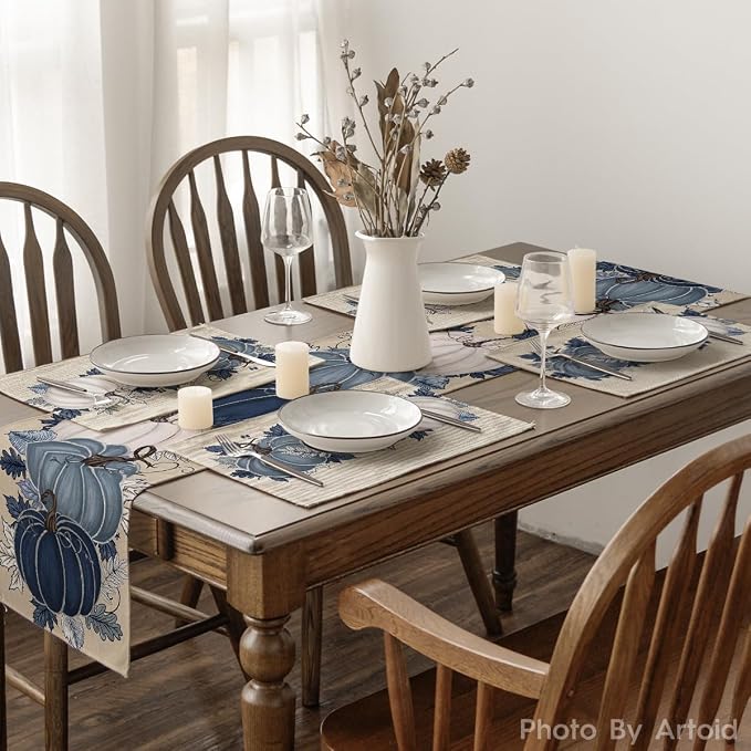 Artoid Mode Navy Blue Pumpkins Fall Placemats Set of 6-12 x 18 Inch | Heat-Resistant Table Mats, Washable Seasonal Autumn Kitchen Dining Decor