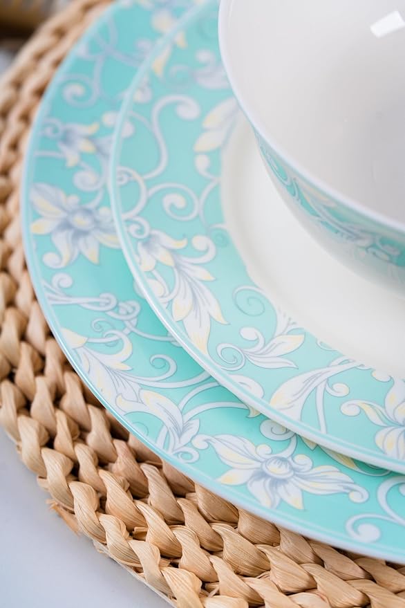 FHGNYSM 12-Piece Porelain Dinnerware Set, Light Green | 12-Piece Plates and Bowls set, Chip and Scratch Resistant, Microwave Safe, Dishwasher Safe, Home Restaurant Use