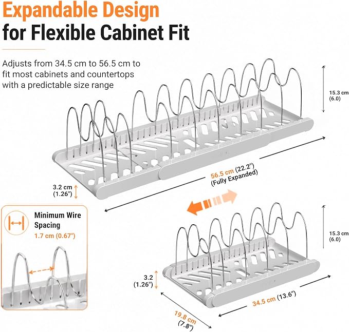 Expandable Pots and Pans Organizer Under Cabinet, Pan Organizer Rack with 9 Adjustable Slots, Pot Lid Holder for Cabinet, Countertop, Plates, Cutting Boards, Baking Sheets-White