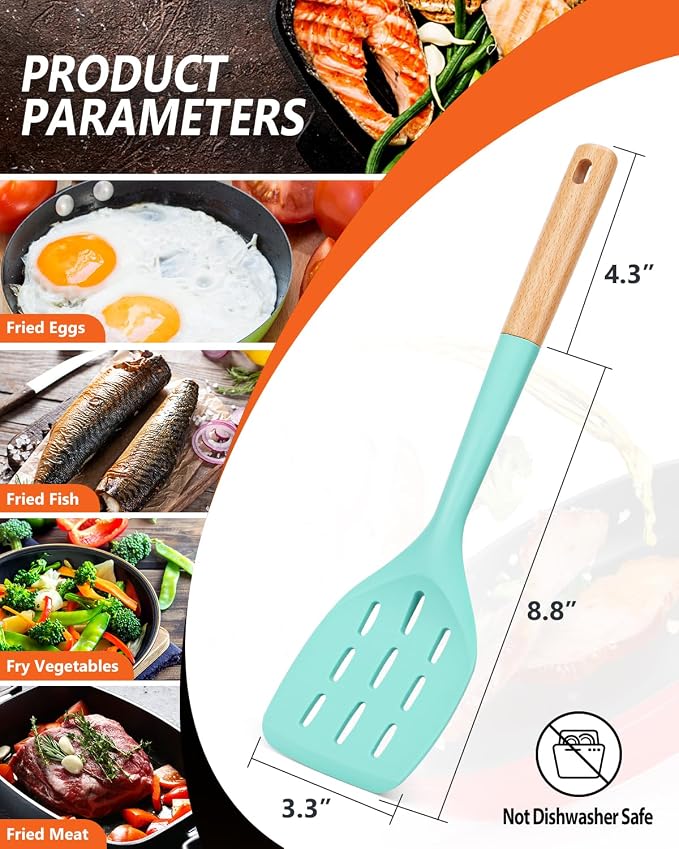Silicone Spatula, Non Stick Turner for Cooking, Food Grade, Green | Heat Resistant, Flexible Edge, 2 Pack Wooden Handle Kitchen Turner for Baking Mixing Grilling Serving Food