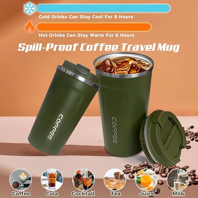 SPLMIFA Travel coffee mugs leak-proof, reusable coffee cups with lids, stainless steel vacuum insulated coffee tumblers, thermal insulation cups for men & women keep drinks hot & cold(2nd-Green, 12OZ)