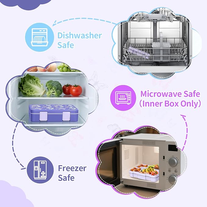 Bento Lunch Box for Kids, Leak-Proof 5-Compartment Cute Lunchbox for Boys Girls, Drop-Proof, Food Container Microwave & Dishwasher Safe, Back to School Supplies for Ages 3 to 7, Purple/Unicorn
