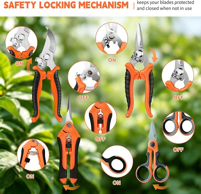 HoMaNa 4 Pack Garden Shears Pruning Set, Stainless Steel Multi-Blade | Sharp stainless steel blades with safety lock, spring ergonomic grips reduce hand strain, for flowers, bonsai garden