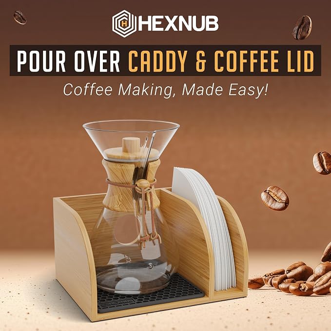 Pour Over Caddy with Lid for Chemex Bodum Cosori Coffee Makers Black | Handmade Bamboo Stand, Lid, Filter Holder, Heatproof Mat for a Cleaner Coffee Station