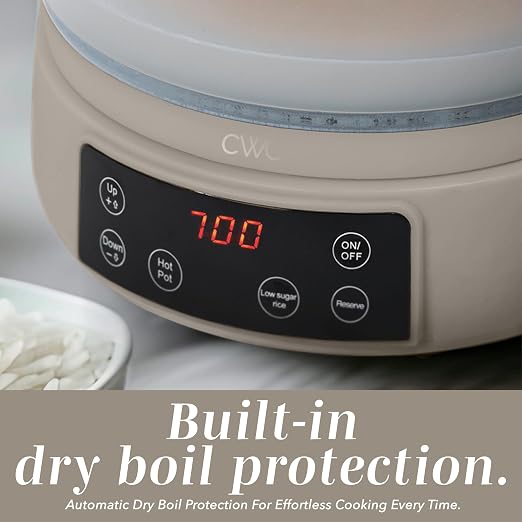 COOK WITH COLOR Glass Mini Low Carb Rice Cooker – Holds 2 Cups Raw/Makes 6 Cups Cooked with Auto Lift Filter Basket, Hotpot & Steamer for Rice, Grains, Digital Panel with Keep Warm, Greige