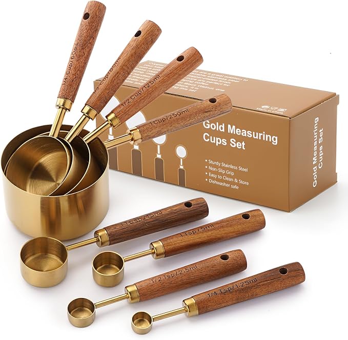SHIKORI Gold Measuring Cups and Spoons Set with Wood Handles 8PCS | Premium Stainless Steel Measuring Spoons and Measuring Cups Set,Ideal for Dry & Liquid Ingredients(Gold)