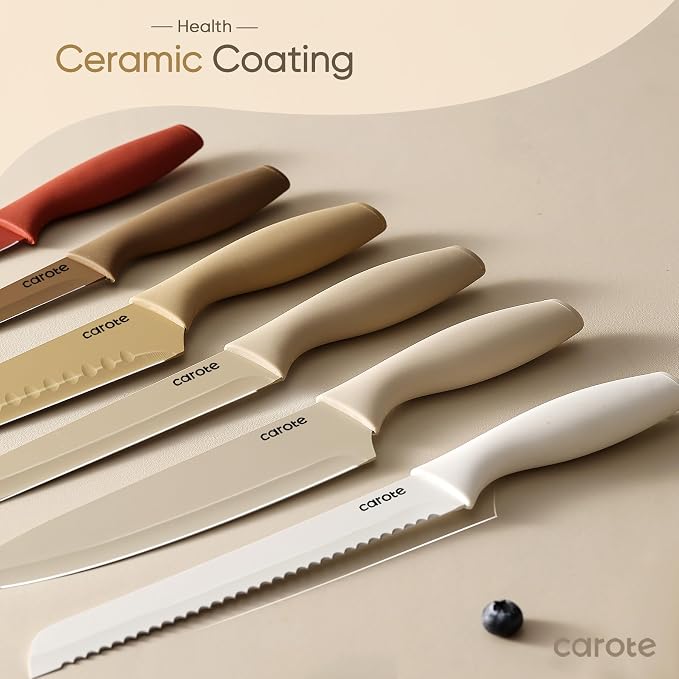 CAROTE Kitchen Knife Set, 6 Color-Coded Knives and 6 Blade Guards, 12-Piece | Stainless Steel Blades, Ceramic Nonstick Coating, Long-Lasting Sharpness, Rust-Resistant, Non-Slip, Dishwasher Safe