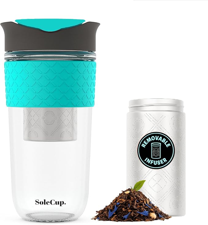 Large Travel Mug Loose Tea Infuser - Detachable Tea Strainer with Spill Proof Lid - 18oz/530ml BPA-Free Reusable Glass Travel Coffee Cup with Silicone Band (Gray and Blue, 18oz)