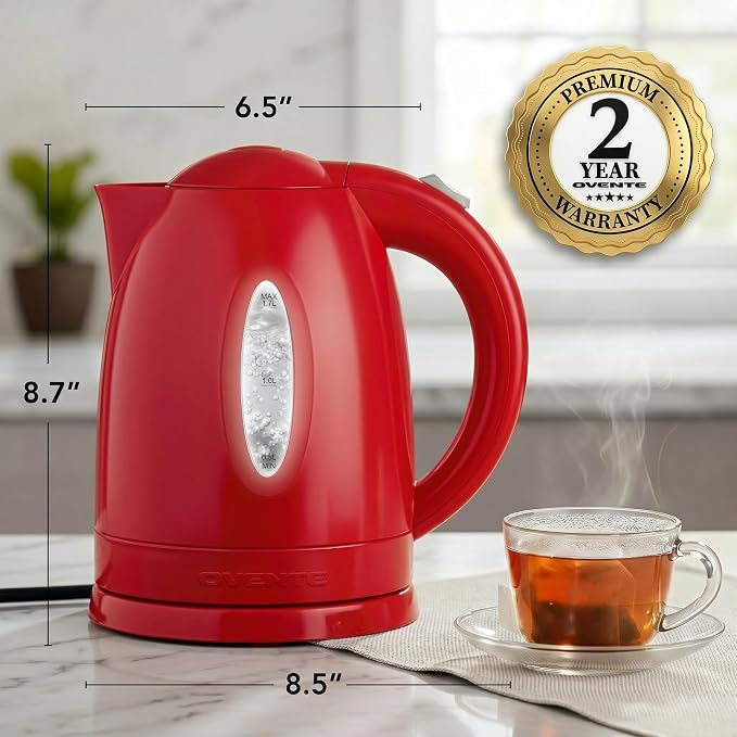 OVENTE 1.7L Electric Kettle with 1100W Fast Boiling Water, Red KP72R | Best For Coffee or Tea, BPA-Free, Water Level Gauge, Auto Shut-Off, Indicator Light, Boil-Dry Protection & Removable Filter